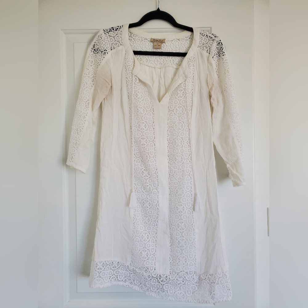 Lucky Brand Cotton Blend Crochet Detail Tunic Mini Dress With Tassels